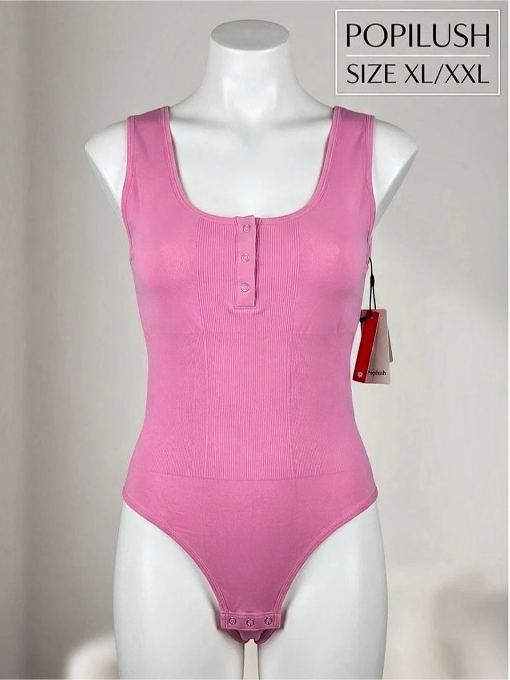 Popilush Shapewear Deep V-Neck Button Front Sculpting Bodysuit Pink XL/XXL